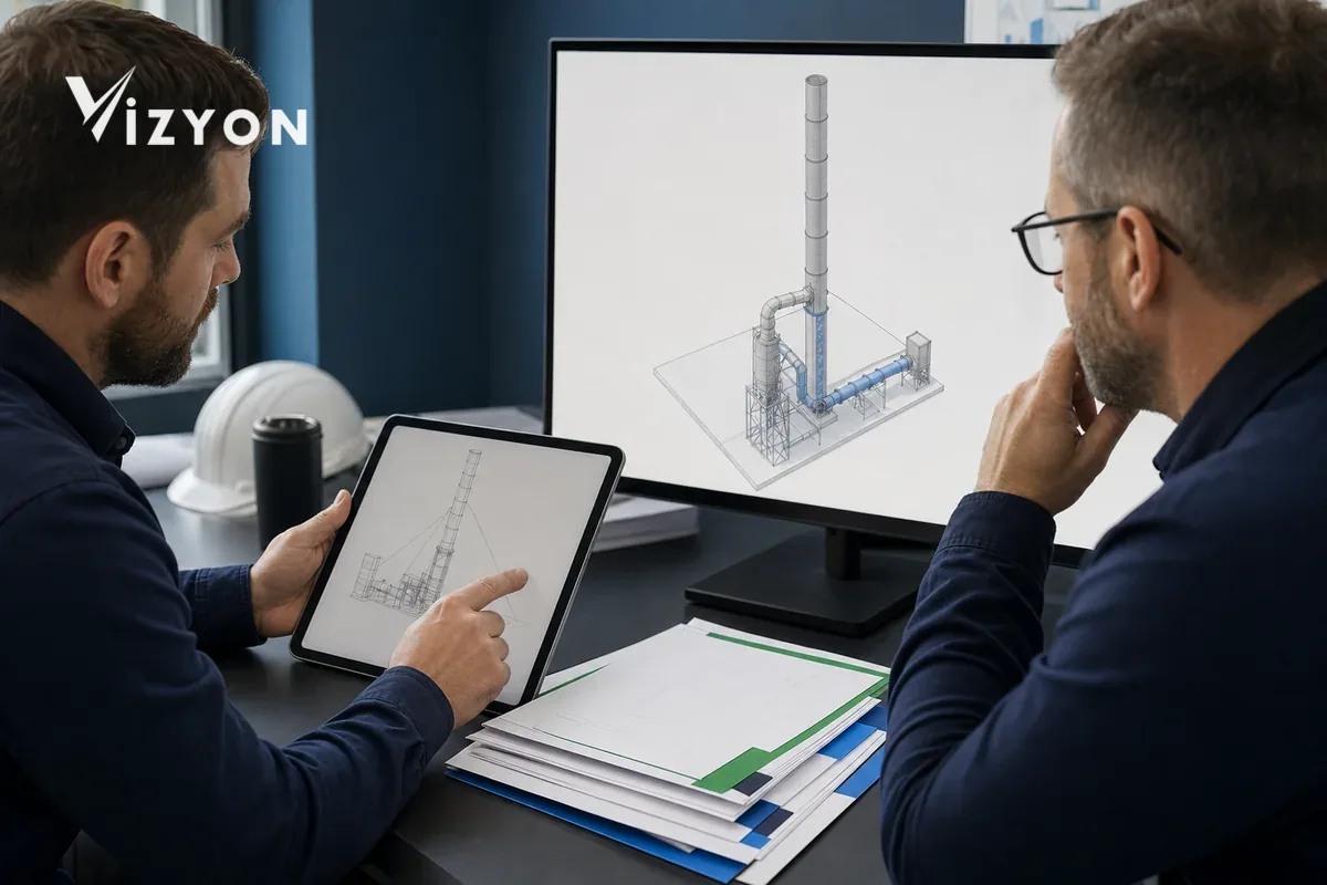 Engineers comparing chimney field geometry with the digital technical drawing and controlled report revision