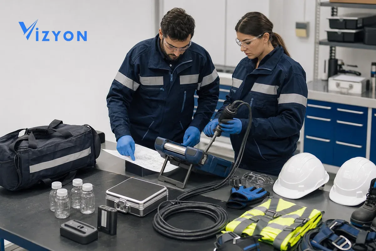Field team checking the analyzer, probe, sample containers and personal protective equipment before stack emission measurement