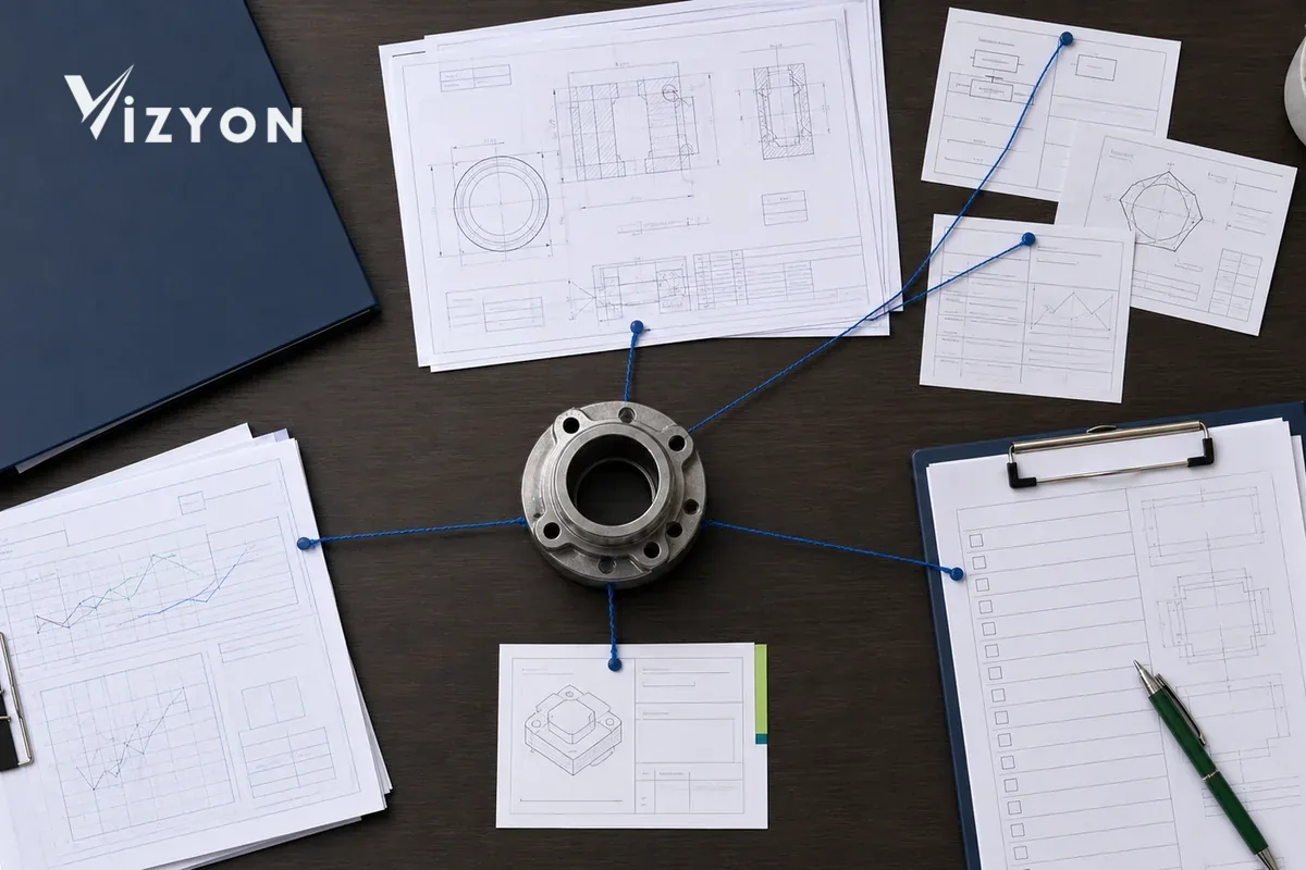 Technical file integrity layout linking a product part to drawings, risk records, test evidence, and checklists
