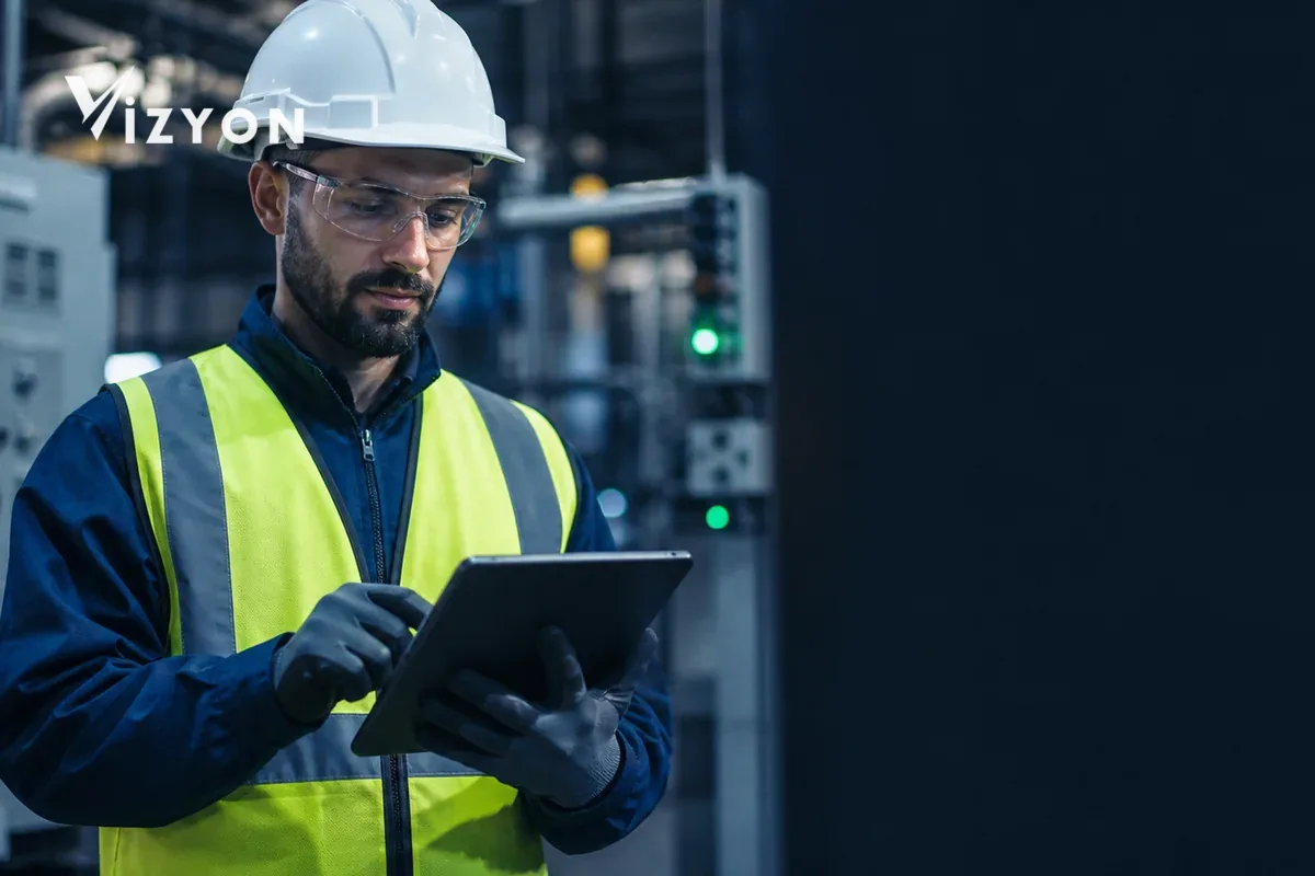 A specialist in protective equipment checking offline field records on a tablet