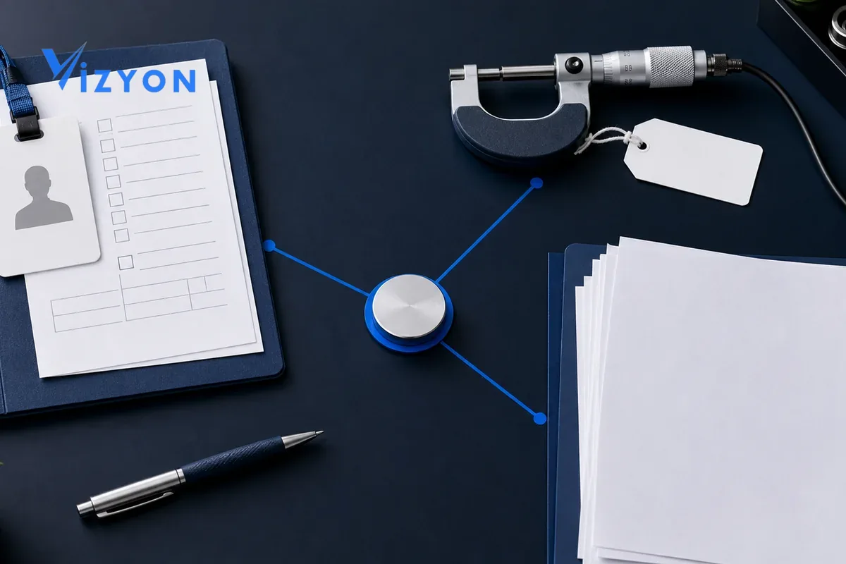 Audit evidence chain combining personnel competence, measuring equipment, and report records in a single job identifier