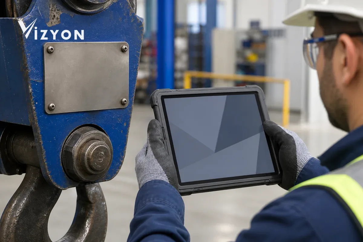 A specialist using protective equipment linking the field equipment identity to the correct inspection record on a tablet