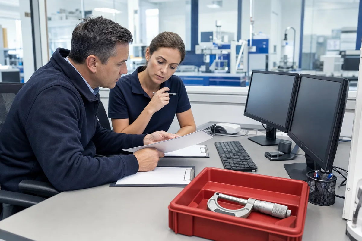 Quality officer and metrologist jointly reviewing past jobs for an expired measuring device in a red quarantine tray
