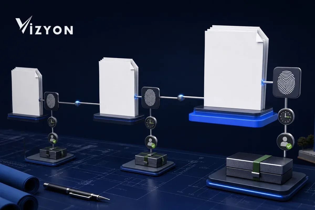 The new revision being linked with separate approval, time and archive evidence while the previous versions of the e-signed report are preserved