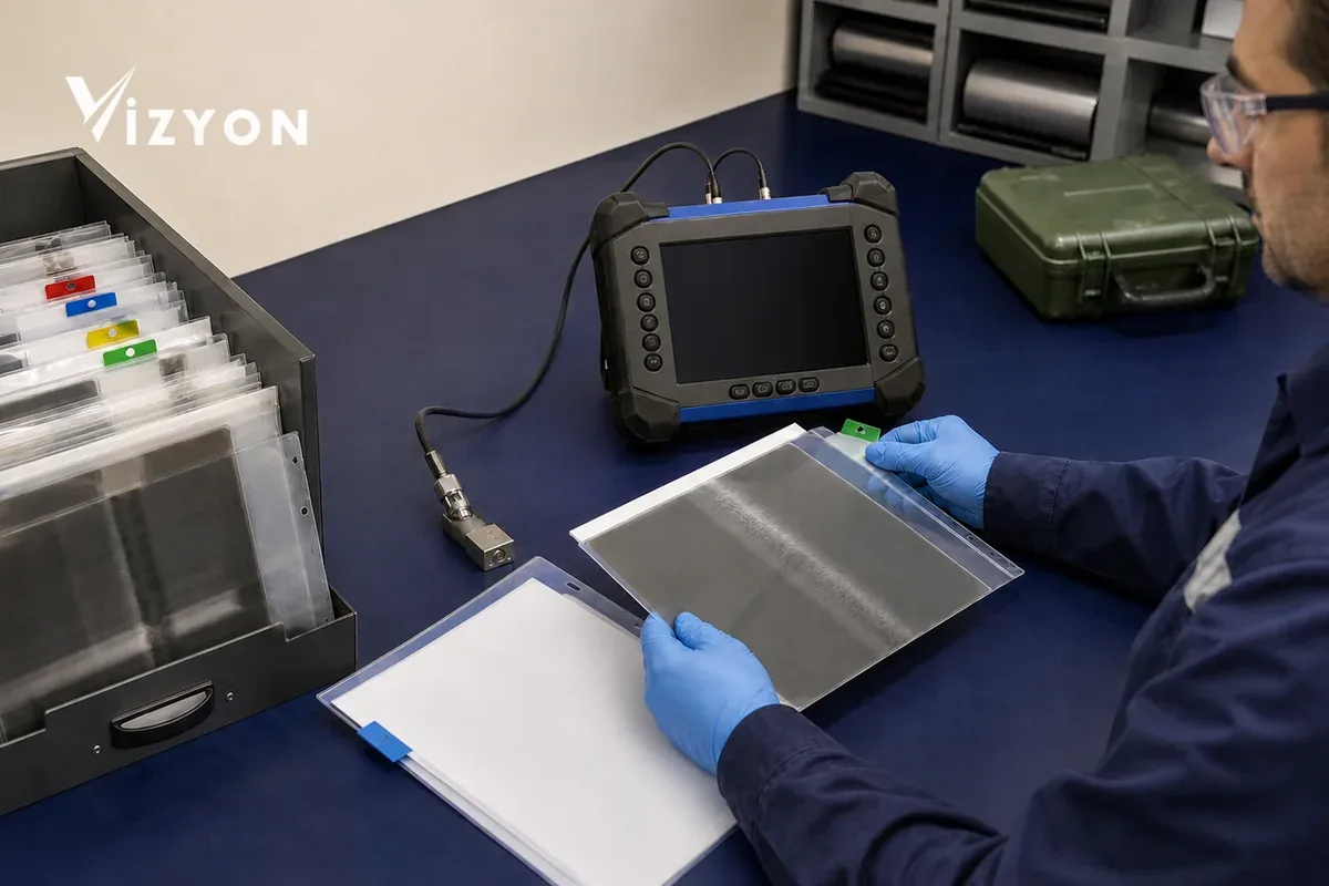 A technical specialist examining NDT film envelopes, an ultrasonic measuring device, and the report evidence link