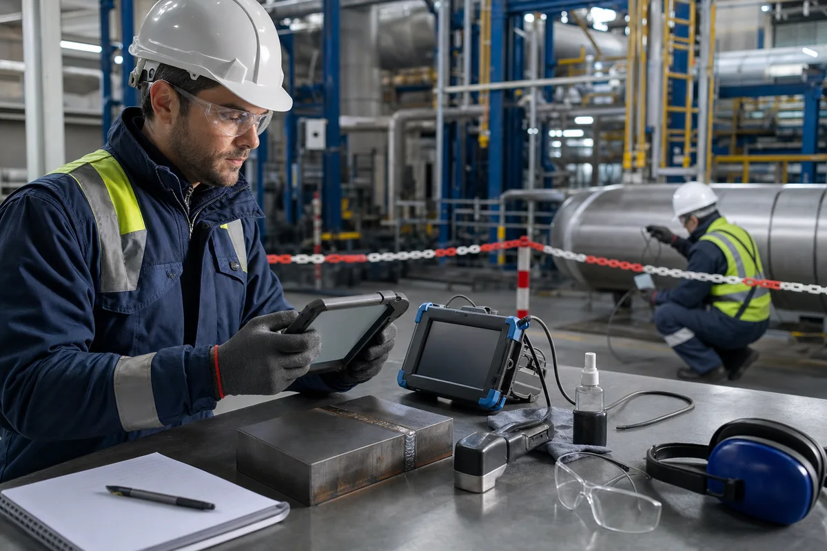 NDT team in protective equipment preparing the ultrasonic instrument and field record for the work order