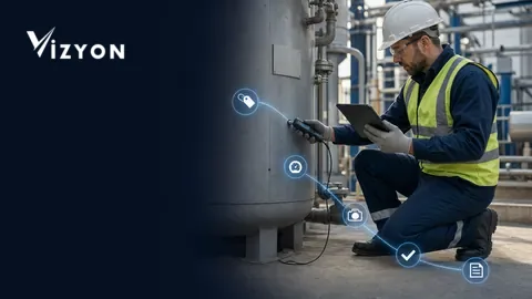 Field engineer in protective equipment performing a digital periodic inspection with a tablet and measuring instrument at an industrial facility