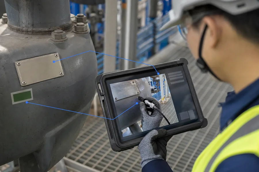 Linking the equipment identity, tablet record and measurement photograph to the same field evidence in a periodic inspection