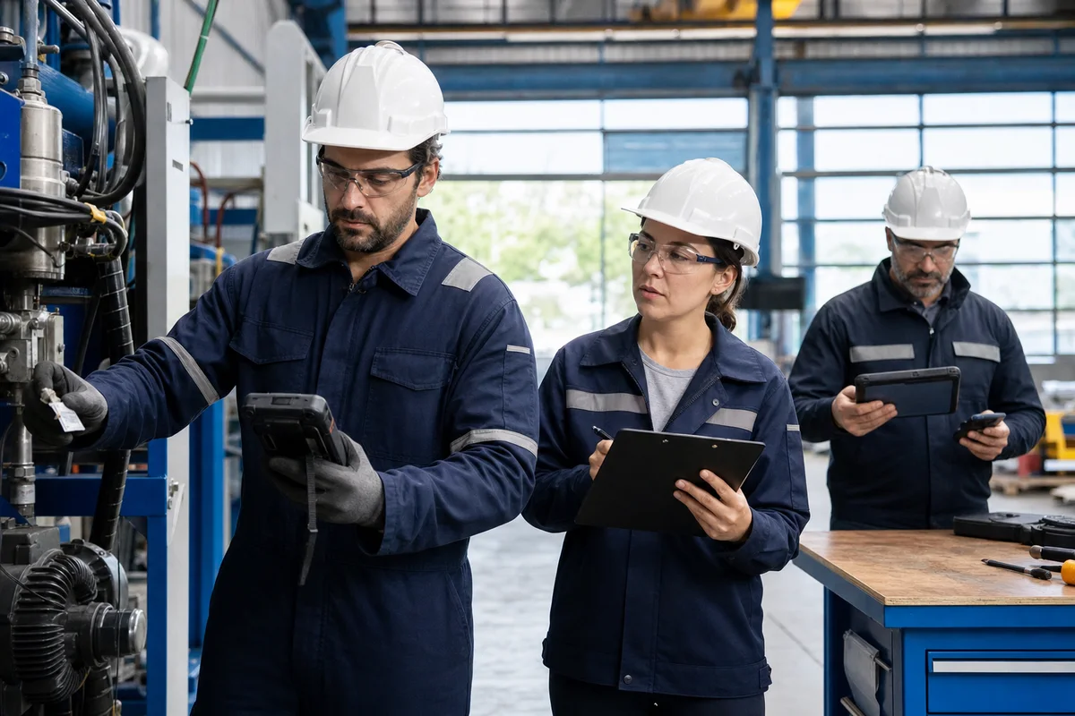 Engineer, quality officer and IT specialist jointly validating a pilot field workflow before periodic inspection software selection