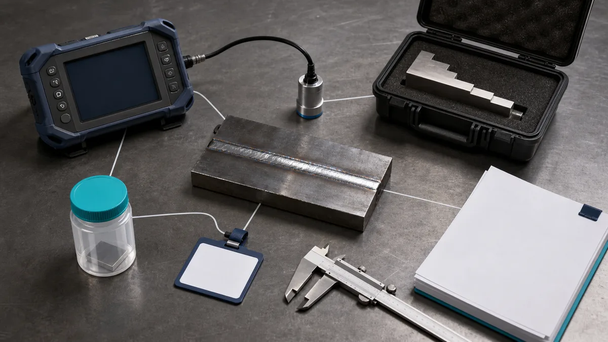 Traceability chain with weld sample, inspection instrument, calibration artifact, personnel card and report file