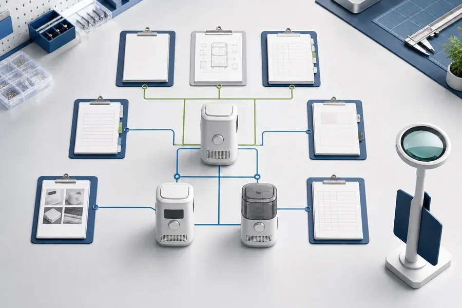 Linking the product family and its variants to risk, drawing, parts, test, inspection and change evidence in the technical file